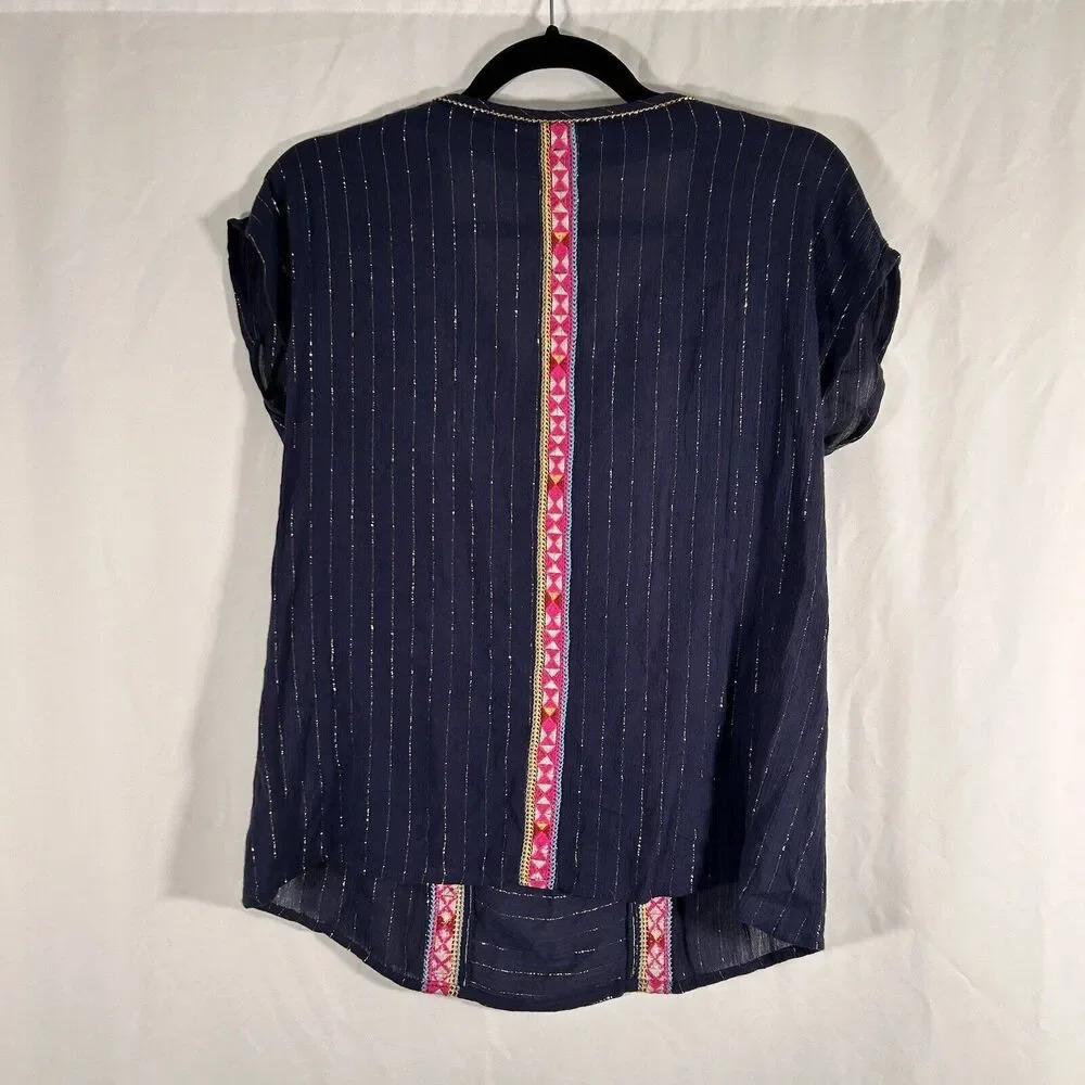 THML Top Women's XS Blue Striped Gold Vneck Lightwieght Rayon - Picture 8 of 10